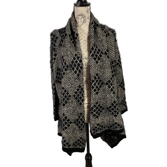 BCBGmaxazria Cascading Open Cardigan Eyelash Sweater Geometric Pattern Pockets L - Picture 1 of 10